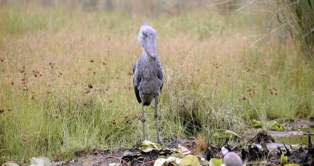 A shoebill stork standing in tall wetland grass in Uganda